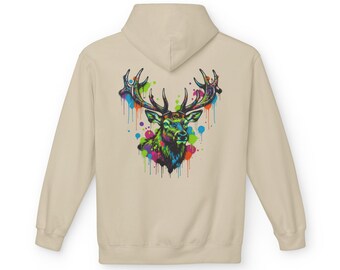 Colorful Watercolor Stag Hoodie | Vibrant Drip Deer Illustration