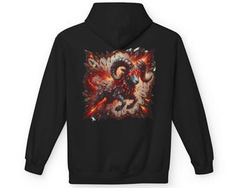 Aries Zodiac Hoodie | Cosmic Astrology Fire Ram Graphic Sweatshirt | Mystic Horoscope Pullover