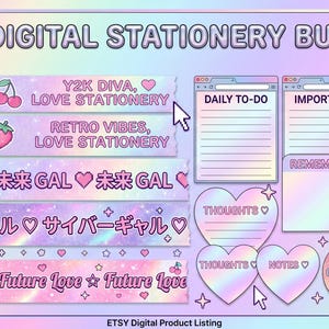 May include: A Y2K digital stationery bundle featuring pastel holographic backgrounds with washi tape strips, to-do lists, and heart-shaped note templates. Icons include a flip phone, computer, cherries, and strawberry. Text includes Y2K DIVA, RETRO VIBES, FUTURE LOVE, DAILY TO-DO, IMPORTANT, REMEMBER, and DO THIS.