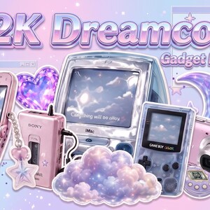 Puede incluir: Una colección de aparatos electrónicos estilo Y2K que incluye un teléfono plegable rosa, un Sony Walkman, una Game Boy Color translúcida, una cámara digital y un ordenador, sobre un fondo pastel con el texto Y2K Dreamcore Gadget Edition.
