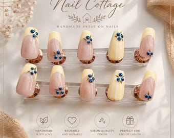 Blueberry French Tip Press On Nails | Handmade Yellow Floral Nails | Cottagecore Nails | Reusable Fake Nails | Glossy Spring & Summer Nails