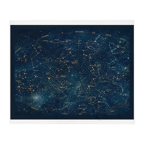 Peut inclure: Une affiche rectangulaire de carte du ciel sur fond bleu marine profond avec des constellations, des étoiles et des marquages célestes de couleur dorée. Le design inclut des mois et des chiffres romains disposés autour d'une carte centrale.