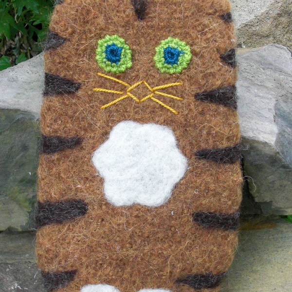 Felted Wool Striped Kitty Cat Puppet, Blue/Green Crocheted Eyes,  Bedtime Buddy