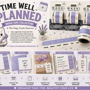 Könnte beinhalten: Eine Sammlung von Washi-Tape-Rollen der Marke Scotch in hellvioletten und weißen Farbtönen. Das Klebeband ist mit aufgedruckten Wochentagen, stündlichen Zeitstempeln und Kontrollkästchen versehen. Das Set enthält mehrere Rollen.