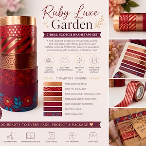 Może przedstawiać: Zestaw 7 rolek taśmy washi Scotch o nazwie Ruby Luxe Garden, zawierający różne wzory w kolorach rubinowej czerwieni, śliwki i różowego złota. Zestaw obejmuje wzory gładkie, w kropki, w paski, geometryczne oraz motywy kwiatowe do rękodzieła.