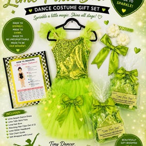 Set regalo di lusso per la danza - Dansco “Lime Pixie Dust” Abbigliamento da ballo per ragazze / Competizioni / Concorsi di bellezza / Feste di compleanno / PRONTO PER LA SPEDIZIONE