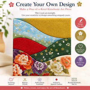 Op de afbeelding: Een vierkant Kimekomi-kunstwerk met gelaagde stoffen secties in goud, blauw, rood en groen met witte kersenbloesempatronen, en een onderste sectie met grote oranje, paarse en witte pioenrozen op een crèmekleurige achtergrond.