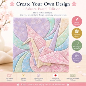 Puede incluir: Un kit de manualidades Kimekomi cuadrado con un diseño central de grulla de origami en telas florales pastel rosa, azul y crema. El texto dice Create Your Own Design, Sakura Pastel Edition, e incluye iconos de diseño y relajación.