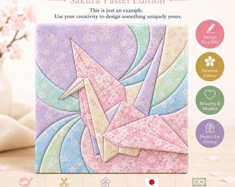 May include: A square Kimekomi craft kit featuring a central origami crane design in pastel pink, blue, and cream floral fabrics. The text reads Create Your Own Design, Sakura Pastel Edition, and includes icons for design, Japanese fabrics, and gifting.