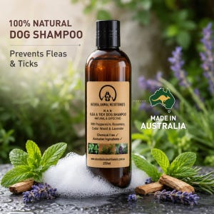 Può includere: Un flacone in plastica ambrata da 250ml di shampoo per cani Natural Animal Nutritionists contro pulci e zecche con tappo nero. L'etichetta riporta il testo 100% Natural Dog Shampoo, Prevents Fleas & Ticks e Made in Australia.