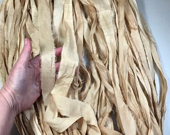 Recycled Sari Silk Ribbon Hand Block Purple with Gold Stamp Leaf Tassel Bow Ribbon Free Shipping Jewelry Fair Trade Fiber Art Supply