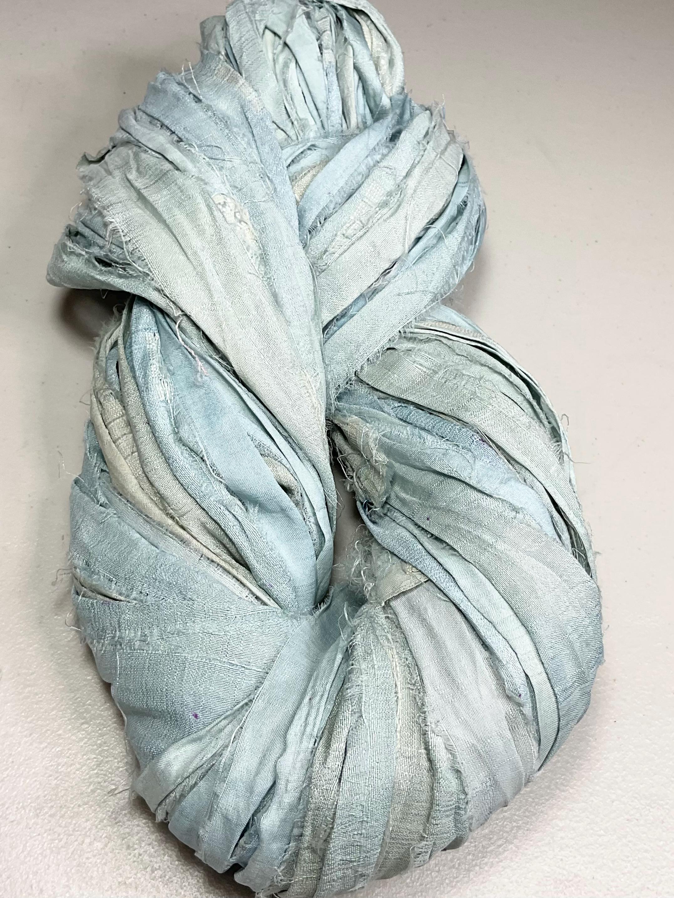 Recycled Sari Ribbon Pale Pastel Blue Jewelry Tassel Boho Journal Fiber Bead Dreamcatcher Felt Fiber Art Supply