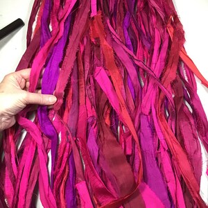 Recycled Sari Silk Ribbon Pinks and Berry Tassels Dreamcatcher Journal Craft Ribbon Jewelry Garland Fair Trade Fiber Art Felt Supply image 2
