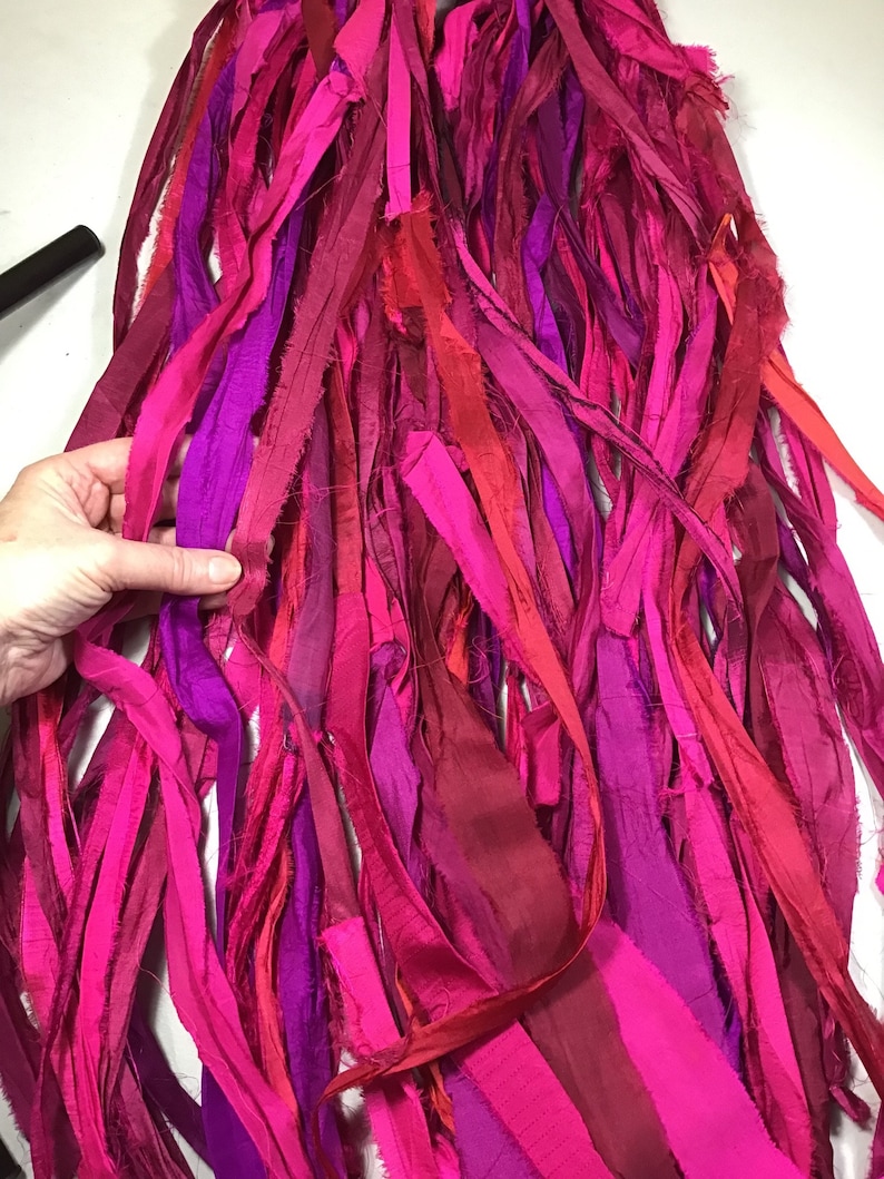 Recycled Sari Silk Ribbon Pinks and Berry Tassels Dreamcatcher Journal Craft Ribbon Jewelry Garland Fair Trade Fiber Art Felt Supply image 2