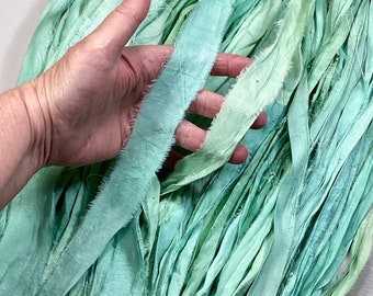 10 yd Recycled Sari Silk Ribbon Aqua Easter Crafts Tassel Boho Junk Journal Jewelry Fair Trade Felt Fiber Art Supply