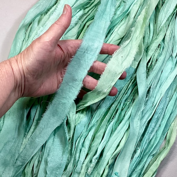 10 yd Recycled Sari Silk Ribbon Aqua Easter Crafts Tassel Boho Junk Journal Jewelry Fair Trade Felt Fiber Art Supply