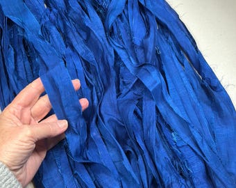10 yd  Recyled Sari Silk Ribbon Dark Blue Jewelry Boho Junk  Journal Tassel Dreamcatcher Free Shipping Fair Trade Fiber Art Supply
