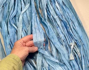 10 yd  Recyled  Sari Silk Ribbon Blue Jewelry Boho Junk  Journal Tassel Dreamcatcher Fair Trade Fiber Art Supply