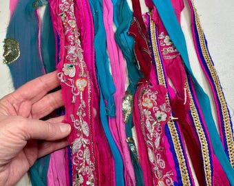 Discounted Embroidered Chiffon 894 Recycled Sari Silk Ribbon Shabby Chic Tassel Boho Junk Journal Weave Fiber Art