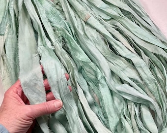 10 yd  Recycled Sari Ribbon Pastel Blue Green Shabby Chic Jewelry Boho Junk  Journal Tassel Dreamcatcher Fiber Art Supply