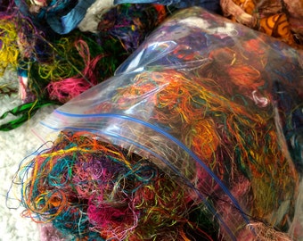 1 oz Sari Silk Threads w/Ribbon Pieces Boho Junk Journal Fiber Beads Mixed Media Felting Spinning Silk Paper Batt Fiber Textile Art Supply