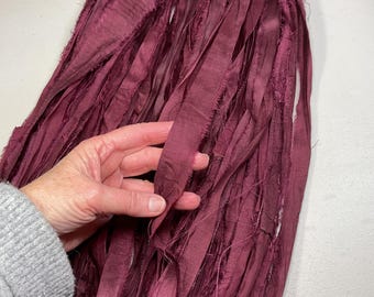 10 yd Recycled Sari Ribbon Dark Eggplant Purple Tassel Free Shipping Boho Junk Journal Fiber Beads Jewelry Fair Trade Fiber Art Supply