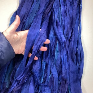 10 yd  Recyled Sari Silk Ribbon Dark Blue Jewelry Boho Junk  Journal Tassel Dreamcatcher Free Shipping Fair Trade Fiber Art Supply