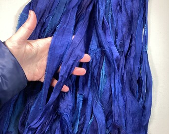 10 yd  Recyled Sari Silk Ribbon Dark Blue Jewelry Boho Junk  Journal Tassel Dreamcatcher Free Shipping Fair Trade Fiber Art Supply