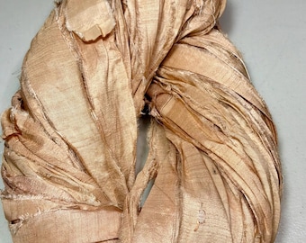Recycled Sari Ribbon Peachy Tan Tassel Boho Junk Journal Dreamcatcher Jewelry  Art Eco Gift Wrap Fair Trade Fiber Art  Supply