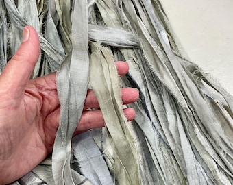 10 yd Recycled Sari Ribbon Grey/Taupe Tassel Boho Junk Journal Dreamcatcher Jewelry  Art Eco Gift Wrap Fair Trade Fiber Art  Supply