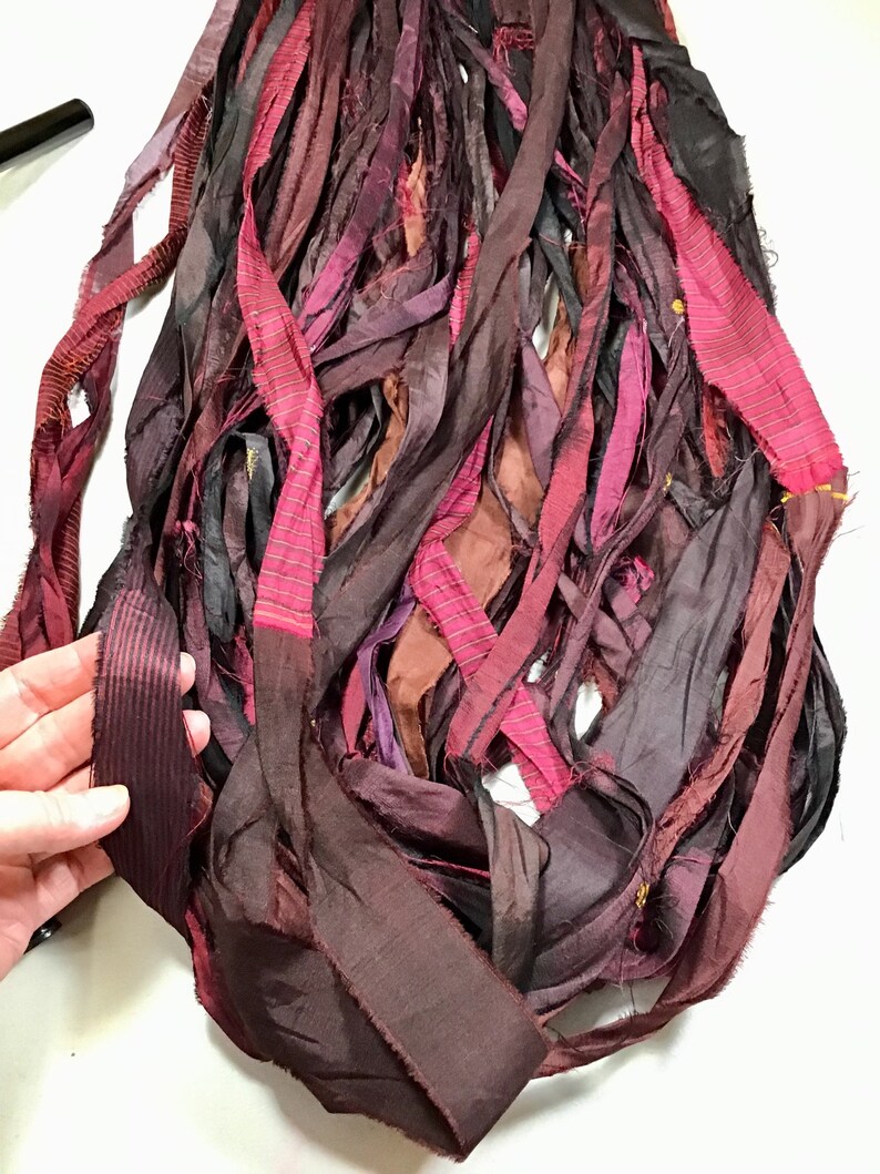 10 yd Sari Silk Ribbon Rustic Burgundy Brown Mix Tassel Dreamcatcher Free Shipping Jewelry Fair Trade Fiber Art Supply