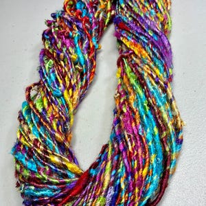May include: A skein of multi-colored yarn featuring a vibrant blend of bright blue, magenta, lime green, yellow, and deep red fibers. The yarn has a textured, uneven appearance with a glossy sheen, twisted into a continuous loop shape.