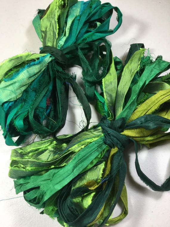 10 yards Recycled Sari Silk Ribbon Yarn grass gree for tassels or embellishment