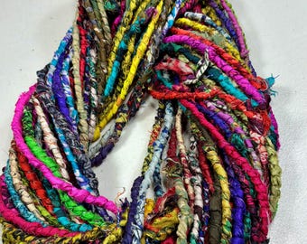 36 yd Skein 3.2 oz Boho Print Spun and Plied Recycled Sari Ribbon Junk Journal Dreamcatcher Fiber Art Felt Supply