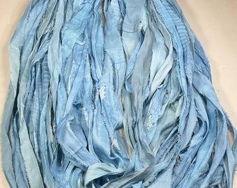 10 yd  Recyled  Sari Silk Ribbon Blue Jewelry Boho Junk  Journal Tassel Dreamcatcher Fair Trade Fiber Art Supply