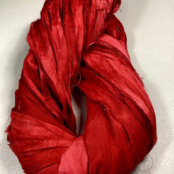 Recycled Sari Silk Ribbon Faded Areas of Red Tassel Dreamcatcher Holiday Free Shipping Garland Jewelry Fair Trade Weave Fiber Art Supply
