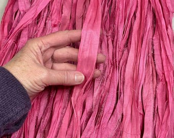 10 yd Recycled Sari Silk Ribbon Rosy Pink Tassel Shabby Chic Junk Journal Dreamcatcher Fiber Art Supply