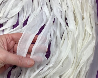 10 Yd  White Chiffon Sari Silk Ribbon Tassel Junk Journal Fiber Beads Dreamcatcher Garland Fair Trade Wedding Theater Costume Supply