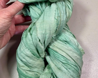 Recycled 129 Sari Ribbon Pale Aqua Blue Shabby Chic Tassel  Boho Junk Journal Fiber Bead Supply Dreamcatcher Jewelry Fair Trade Fiber Art