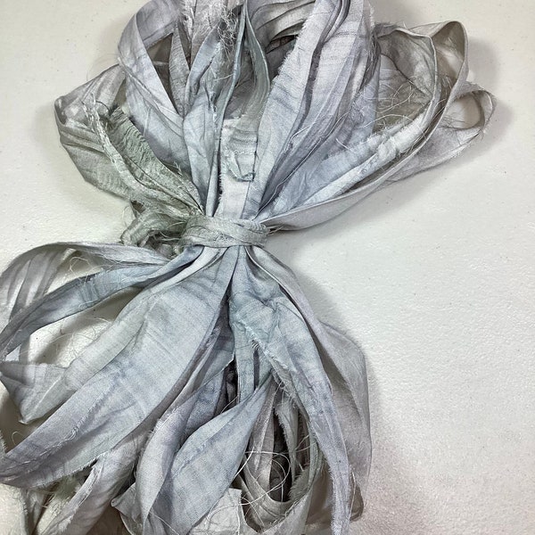 10 yd Pale Silvery Grey Sari Ribbon Tassel Dreamcatcher Free Shipping Junk Journals Jewelry Felt Fiber Art Supply