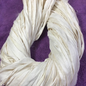 Recycled Sari Silk Ribbon Off White Tassel Boho Junk Journal Dreamcatcher Jewelry Fair Trade Fiber Art Supply