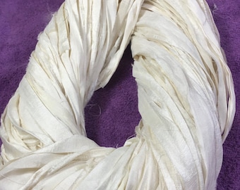 Recycled Sari Silk Ribbon Off White Tassel Boho Junk Journal Dreamcatcher Jewelry Fair Trade Fiber Art Supply