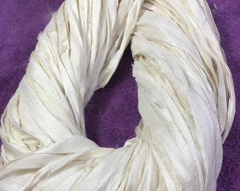 Recycled Sari Silk Ribbon Off White Tassel Boho Junk Journal Dreamcatcher Jewelry Fair Trade Fiber Art Supply