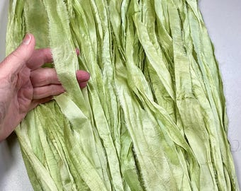 10 yd Recycled Sari Silk Ribbon Pastel Green Tassel Easter Boho Junk Journal Jewelry Fair Trade Felt Fiber Art Supply