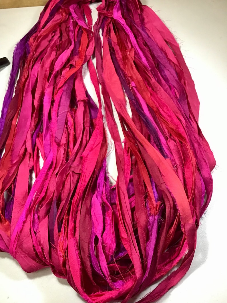 Recycled Sari Silk Ribbon Pinks and Berry Tassels Dreamcatcher Journal Craft Ribbon Jewelry Garland Fair Trade Fiber Art Felt Supply image 7