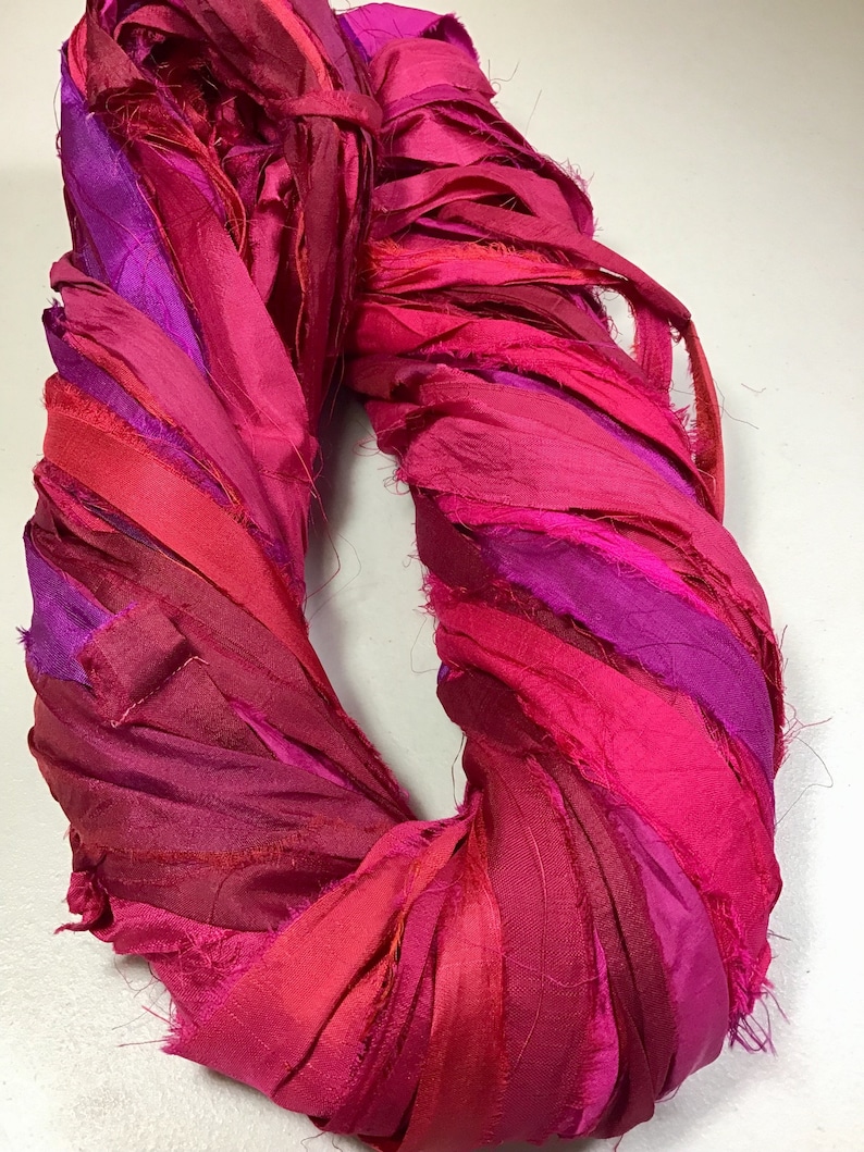 Recycled Sari Silk Ribbon Pinks and Berry Tassels Dreamcatcher Journal Craft Ribbon Jewelry Garland Fair Trade Fiber Art Felt Supply image 1