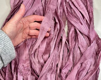 10 yd Recycled Sari Silk Ribbon Mauve Tassel Shabby Chic Free Shipping Junk Journal Dreamcatcher Fiber Art Supply
