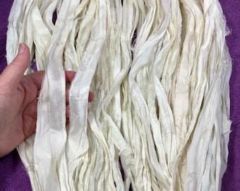 10 yd Recycled Sari Silk Ribbon Off White Tassel Boho Junk Journal Dreamcatcher Costume Jewelry Fair Trade Fiber Art Supply