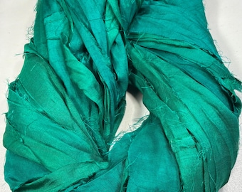 Recycled Sari Ribbon Dark Green Tassel Supply Fiber Bead Dreamcatcher Journal Garland Fair Trade Fiber Art Supply