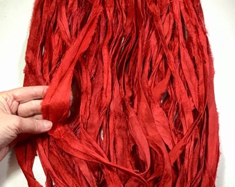 10 yards Sari Silk Ribbon Bright Red Holiday Red Dreamcatcher Jewelry Tassel Free Shipping  Fair Trade Craft Ribbon  Fiber Art Supply